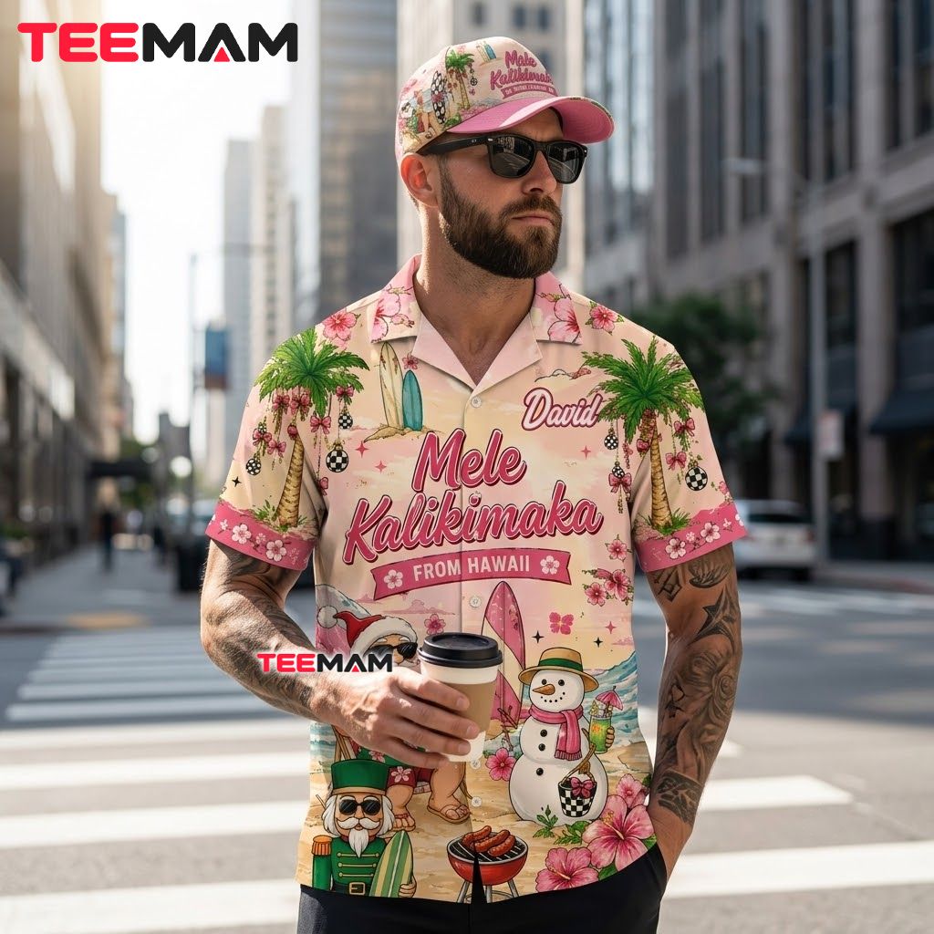 Tropical Christmas Hawaiian Shirt Mele Kalikimaka Beach Santa Pink Back Tropical Christmas Hawaiian Shirt Mele Kalikimaka Beach Santa Pink Back