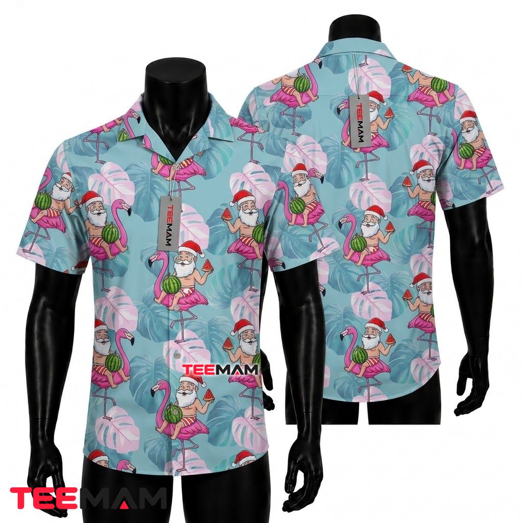 Tropical Christmas Hawaiian Shirt Pink Flamingo Santa Watermelon Light Blue Front