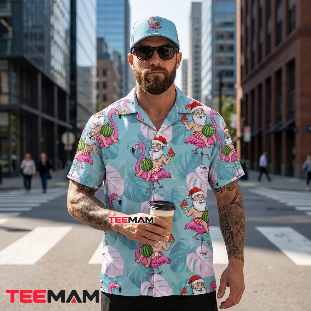 Tropical Christmas Hawaiian Shirt Pink Flamingo Santa Watermelon Light Blue Back Tropical Christmas Hawaiian Shirt Pink Flamingo Santa Watermelon Light Blue Back