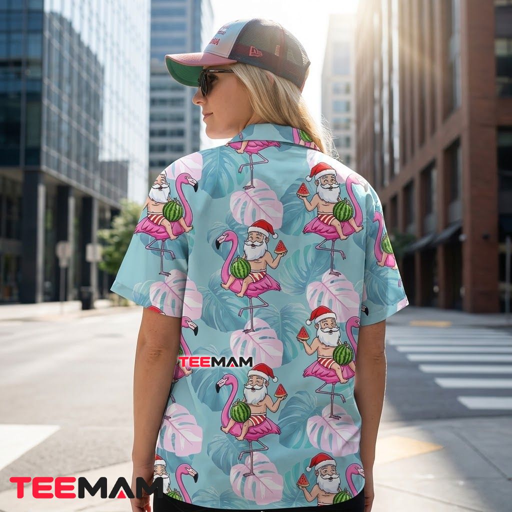 Tropical Christmas Hawaiian Shirt Pink Flamingo Santa Watermelon Light Blue Version 3 Tropical Christmas Hawaiian Shirt Pink Flamingo Santa Watermelon Light Blue Version 3