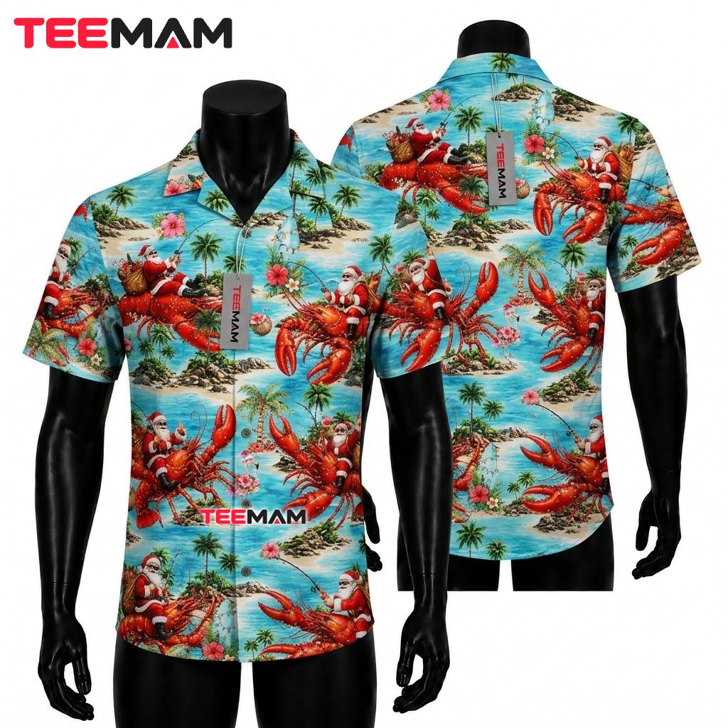 Tropical Christmas Hawaiian Shirt Santa Riding Lobster Ocean Blue Front