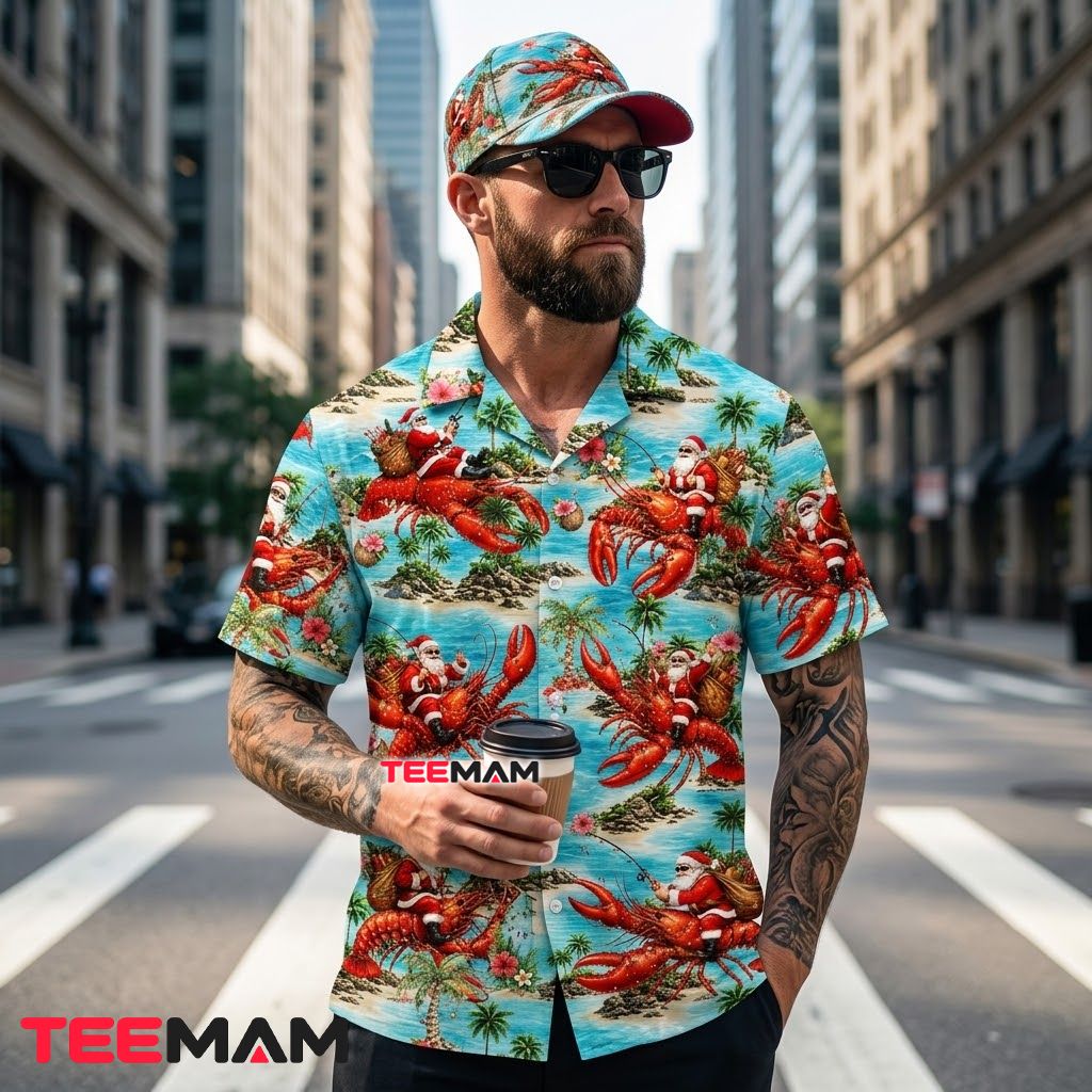 Tropical Christmas Hawaiian Shirt Santa Riding Lobster Ocean Blue Back Tropical Christmas Hawaiian Shirt Santa Riding Lobster Ocean Blue Back