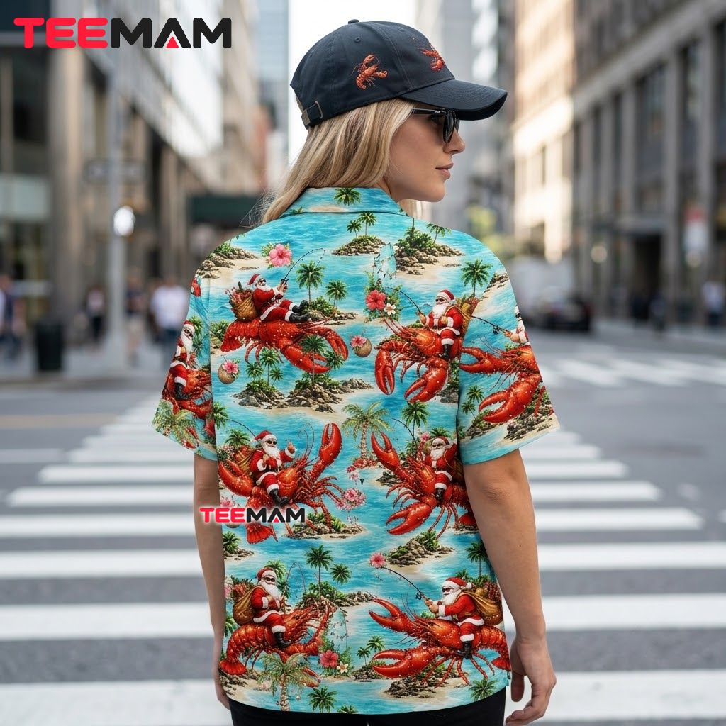 Tropical Christmas Hawaiian Shirt Santa Riding Lobster Ocean Blue Version 3 Tropical Christmas Hawaiian Shirt Santa Riding Lobster Ocean Blue Version 3