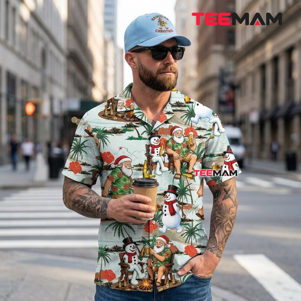 Tropical Christmas Hawaiian Shirt Santa Snowman Drinking Beer Campfire Light Blue Back Tropical Christmas Hawaiian Shirt Santa Snowman Drinking Beer Campfire Light Blue Back