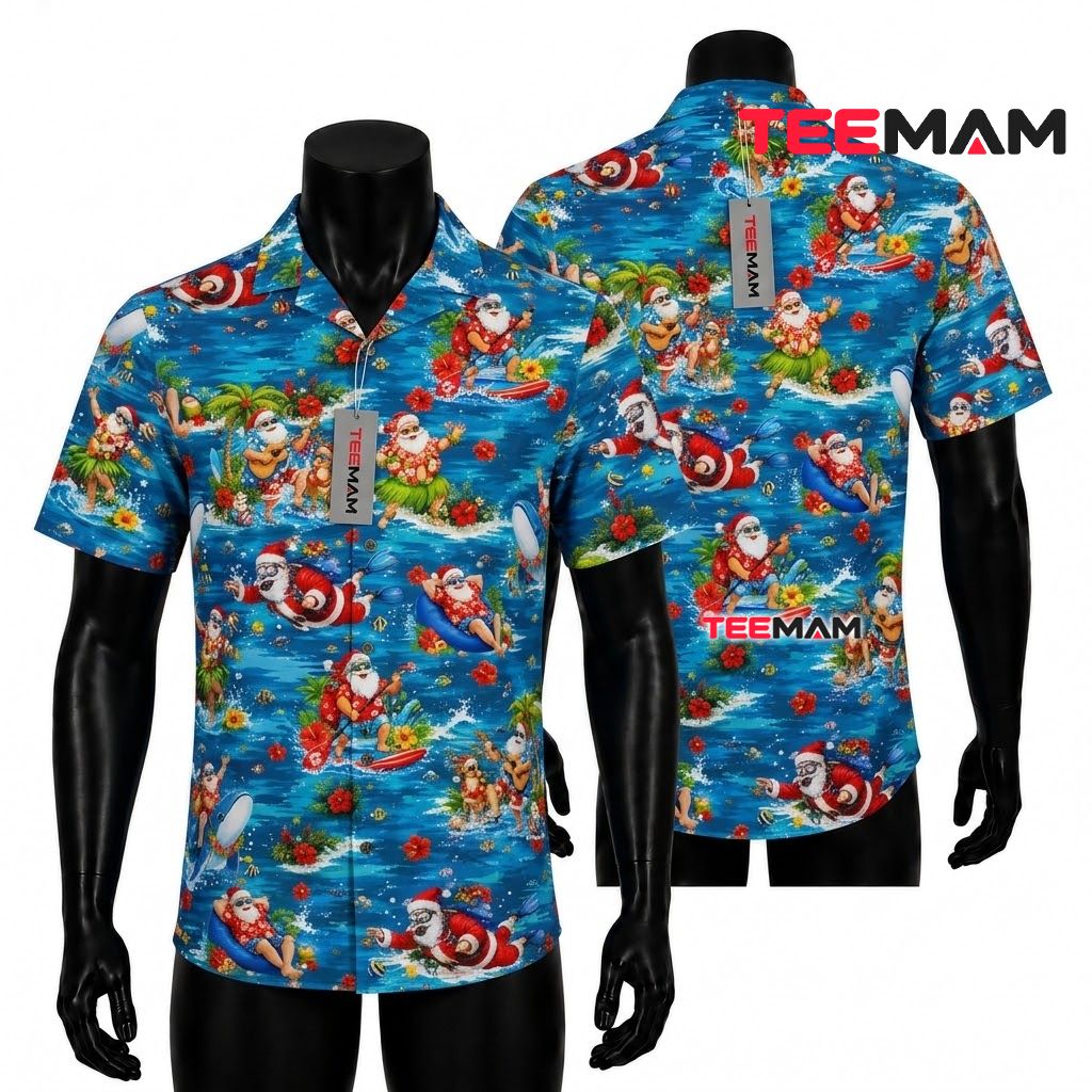 Tropical Christmas Hawaiian Shirt Surfing Santa Palm Tree Blue