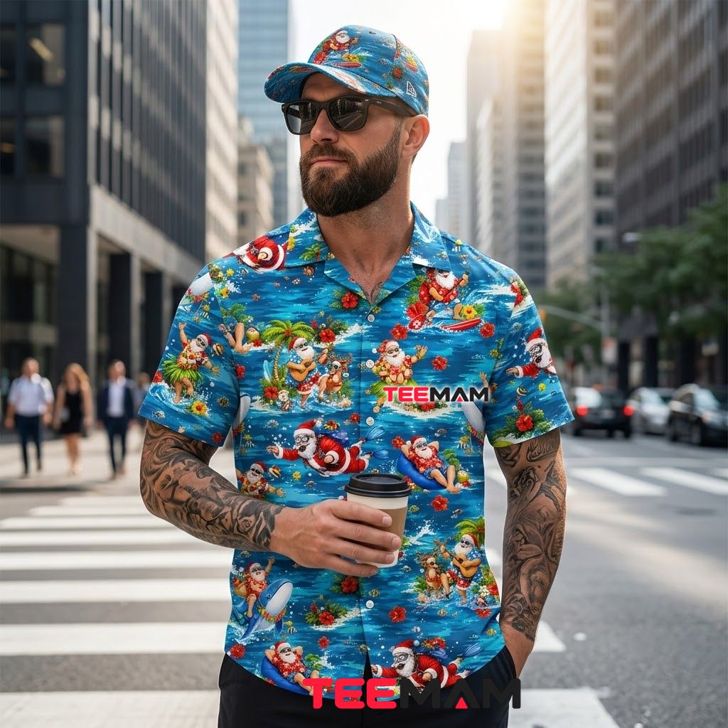 Tropical Christmas Hawaiian Shirt Surfing Scuba Diving Santa Ocean Blue Back Tropical Christmas Hawaiian Shirt Surfing Scuba Diving Santa Ocean Blue Back