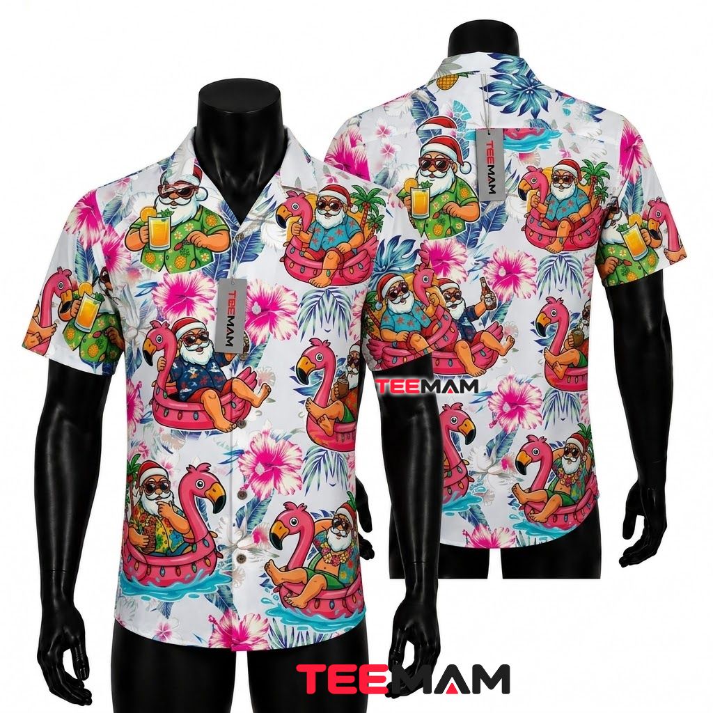 Tropical Santa Flamingo Pool Float Christmas Hawaiian Shirt Front