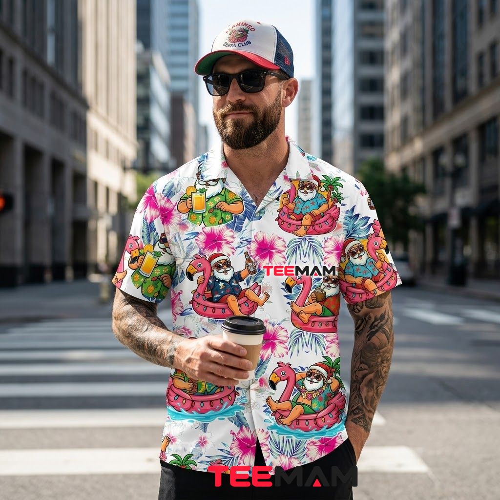 Tropical Santa Flamingo Pool Float Christmas Hawaiian Shirt Back Tropical Santa Flamingo Pool Float Christmas Hawaiian Shirt Back