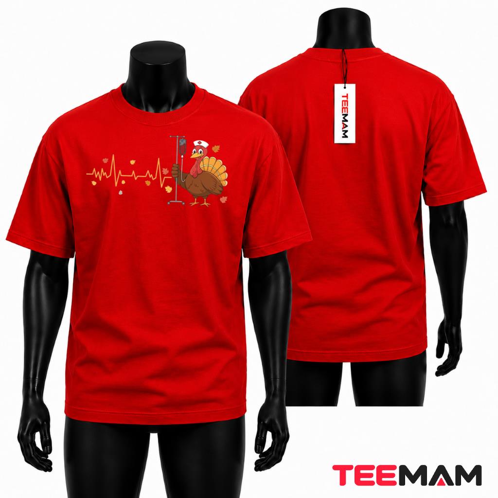Turkey Nurse Thanksgiving T-Shirt Heartbeat Funny Autumn