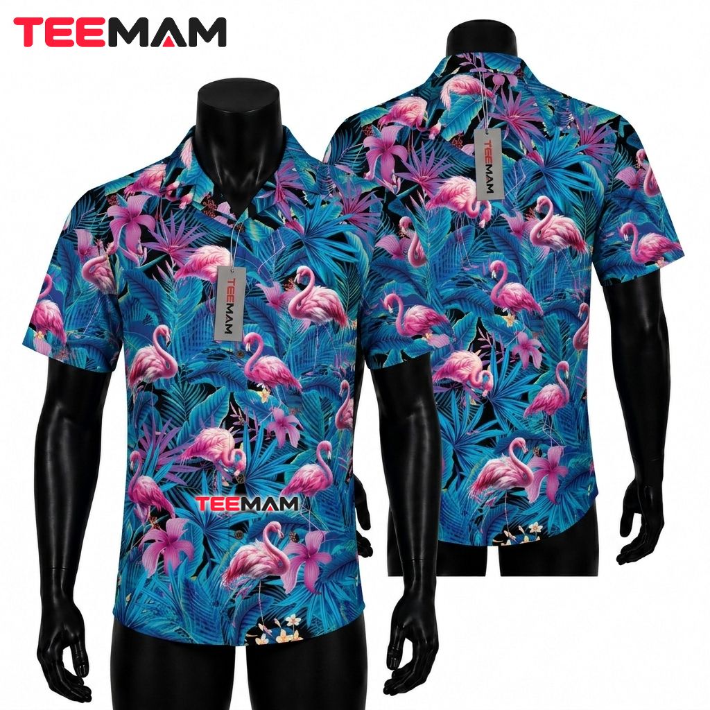Vibrant Flamingo Hawaiian Shirt Blue Tropical Leaves Floral Front