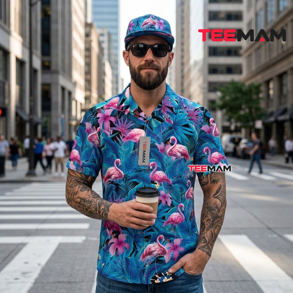 Vibrant Flamingo Hawaiian Shirt Blue Tropical Leaves Floral Back Vibrant Flamingo Hawaiian Shirt Blue Tropical Leaves Floral Back