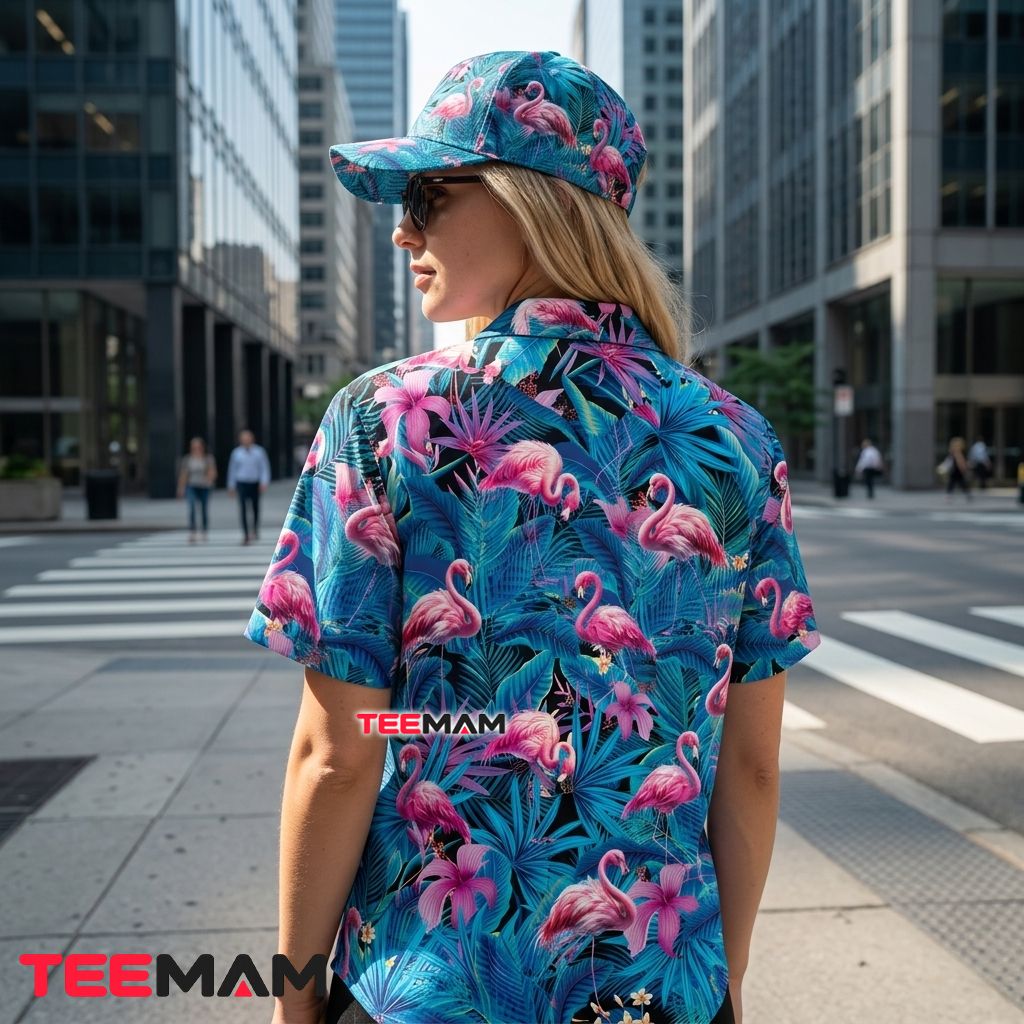 Vibrant Flamingo Hawaiian Shirt Blue Tropical Leaves Floral Version 3 Vibrant Flamingo Hawaiian Shirt Blue Tropical Leaves Floral Version 3