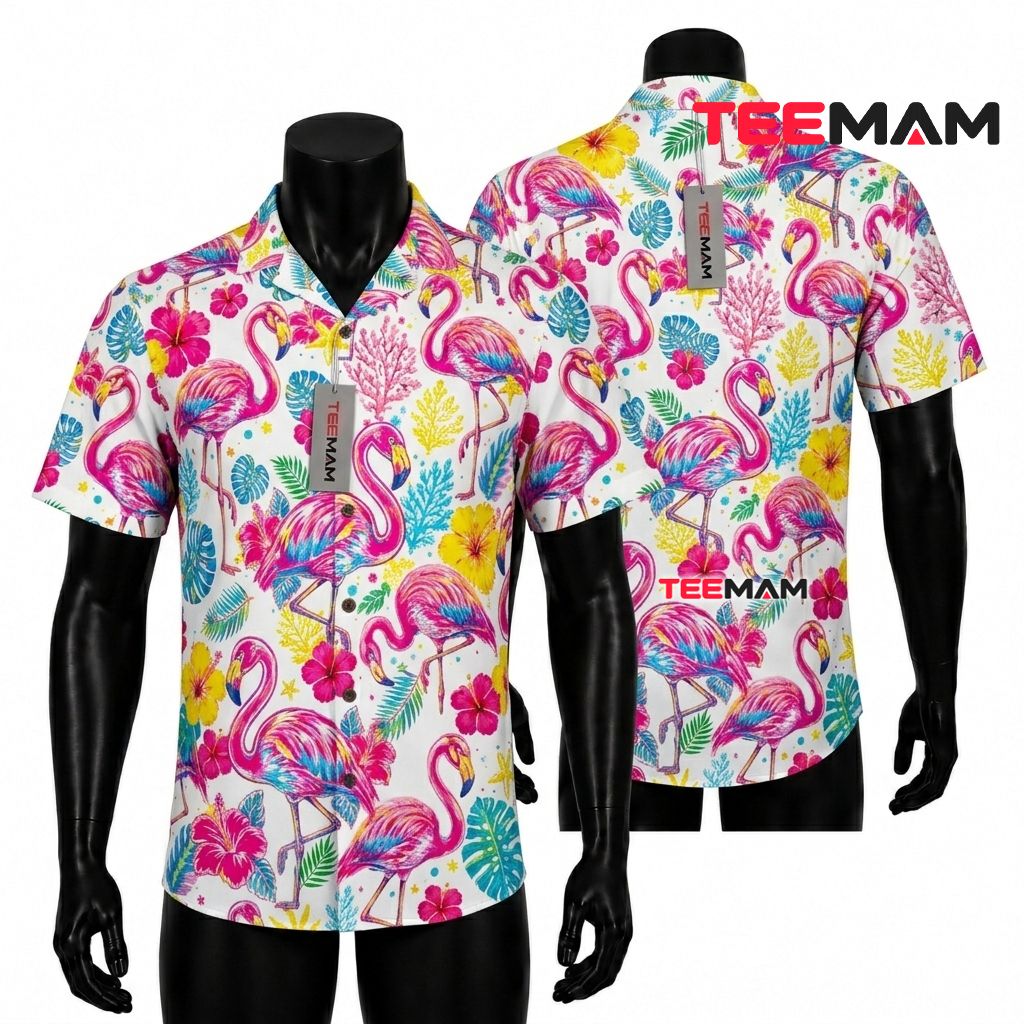 Vibrant Flamingo Hawaiian Shirt Tropical Hibiscus White Front