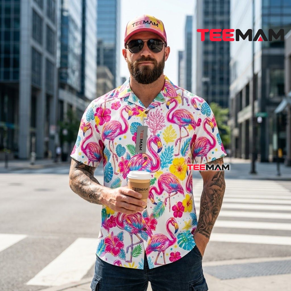 Vibrant Flamingo Hawaiian Shirt Tropical Hibiscus White Back Vibrant Flamingo Hawaiian Shirt Tropical Hibiscus White Back