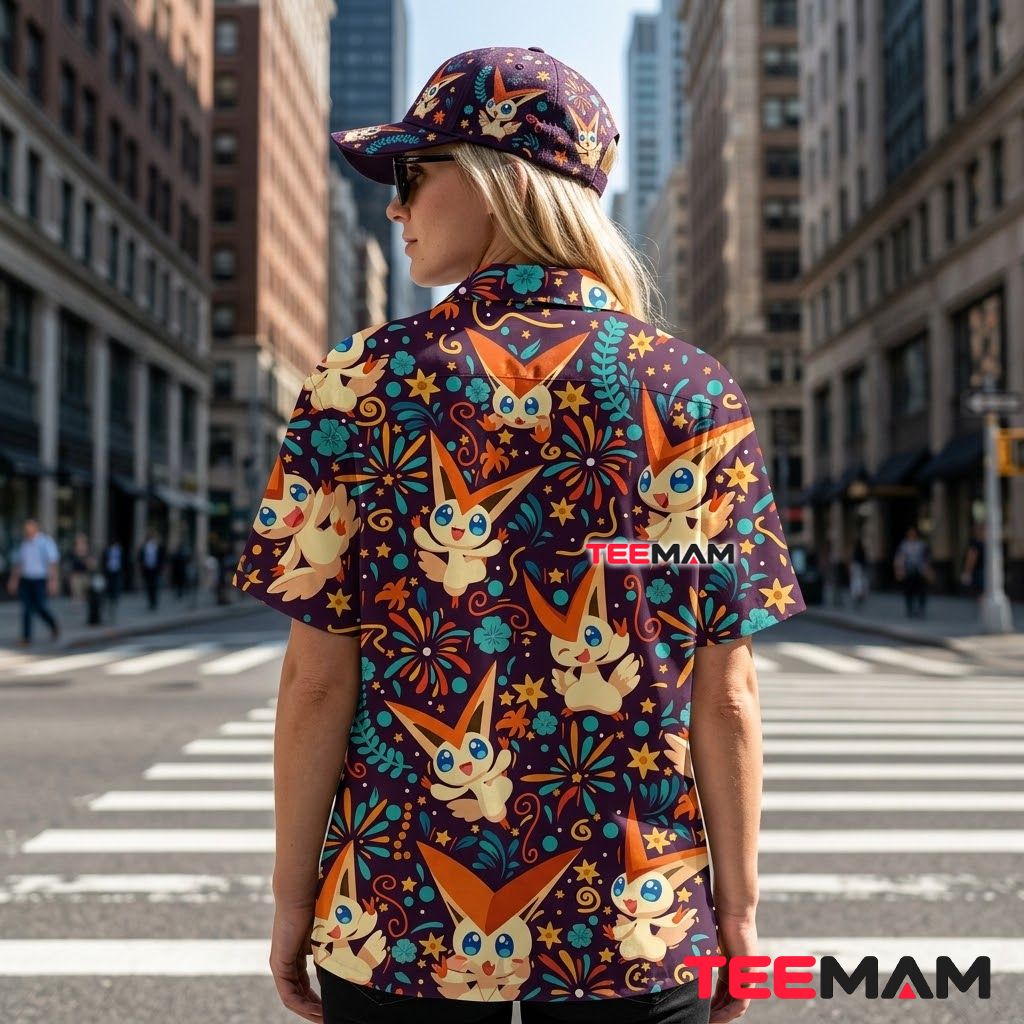 Victini Pokemon Hawaiian Shirt Firework Floral Purple Version 3 Victini Pokemon Hawaiian Shirt Firework Floral Purple Version 3