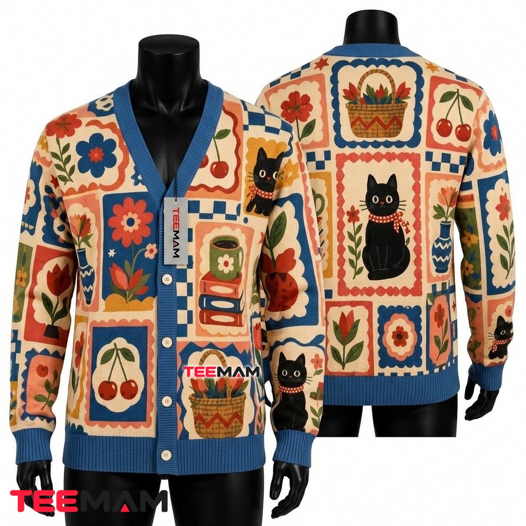 Vintage Black Cat Cardigan Folk Art Flower Books 1