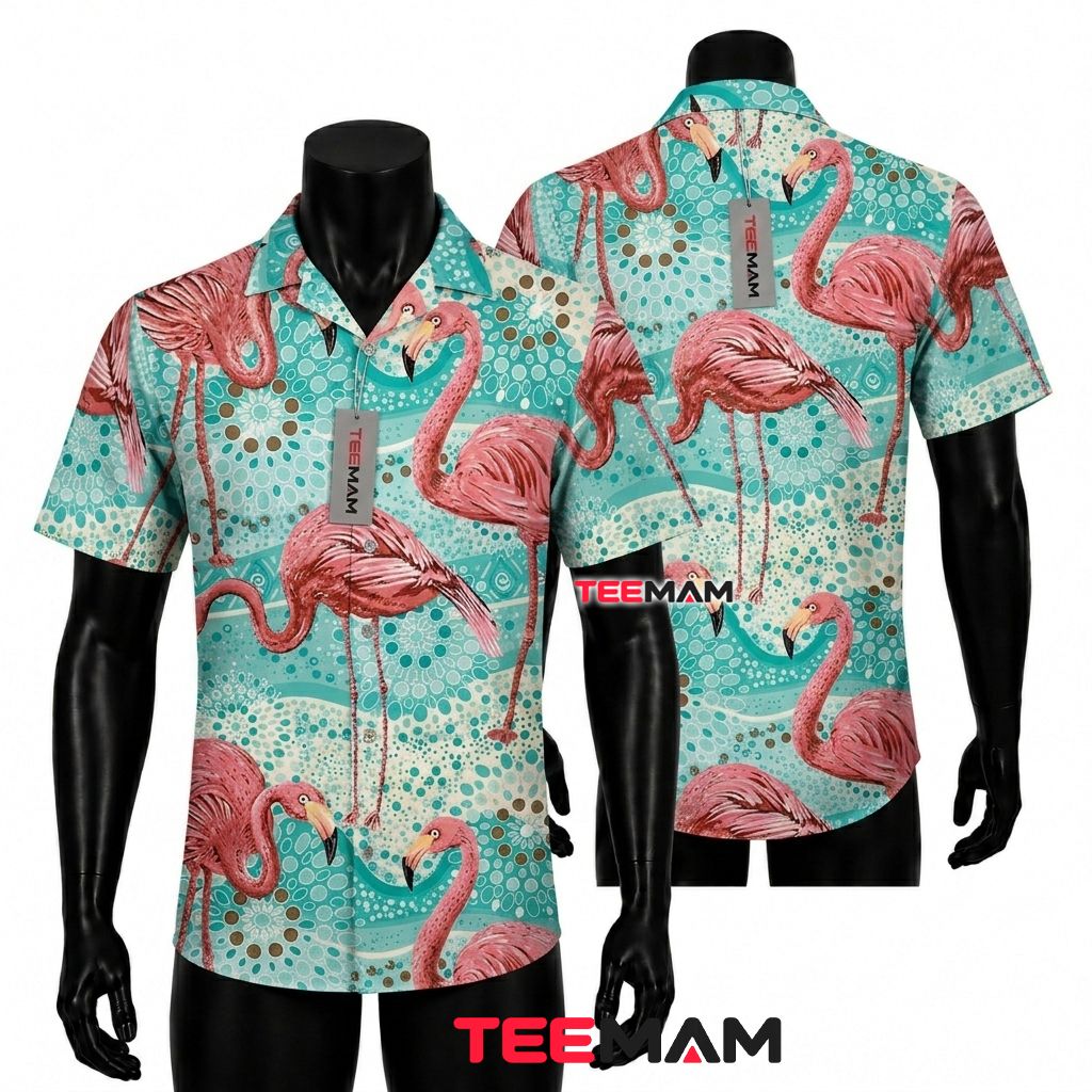 Vintage Flamingo Hawaiian Shirt Tropical Mandala Teal Aqua Front