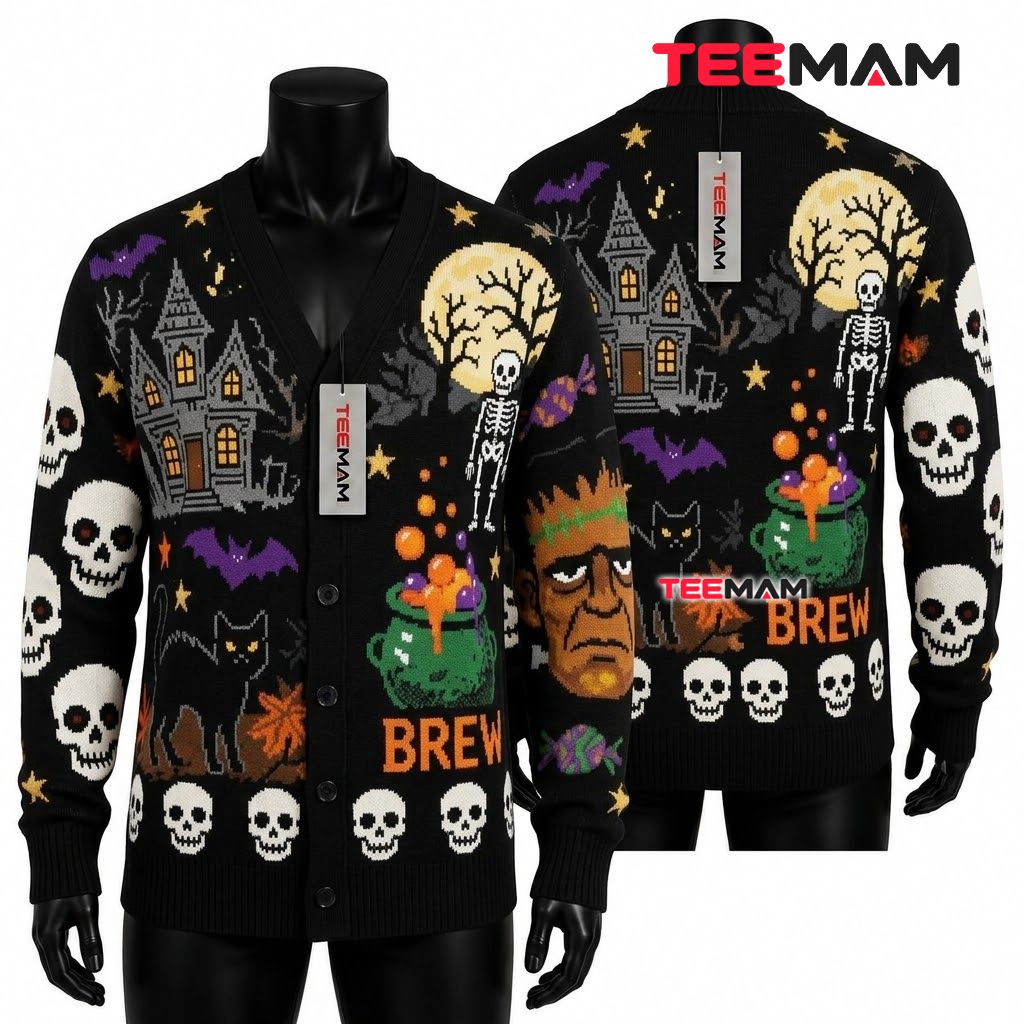Vintage Halloween Cardigan Frankenstein Brew Cauldron Skull 1