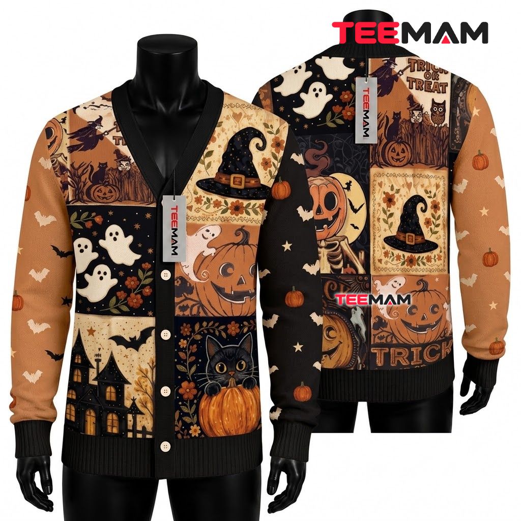 Vintage Halloween Cardigan Skeleton Pumpkin Cat 1