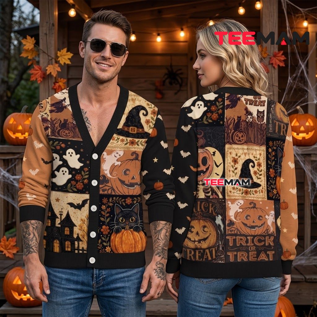 Vintage Halloween Cardigan Skeleton Pumpkin Cat 2 Vintage Halloween Cardigan Skeleton Pumpkin Cat 2