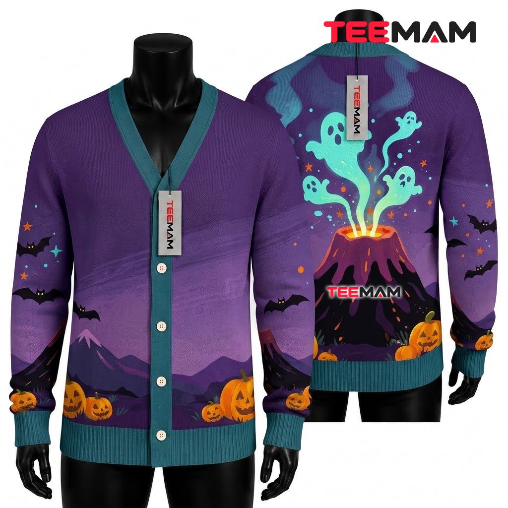 Volcano Halloween Cardigan Ghost Pumpkin Mountain 1