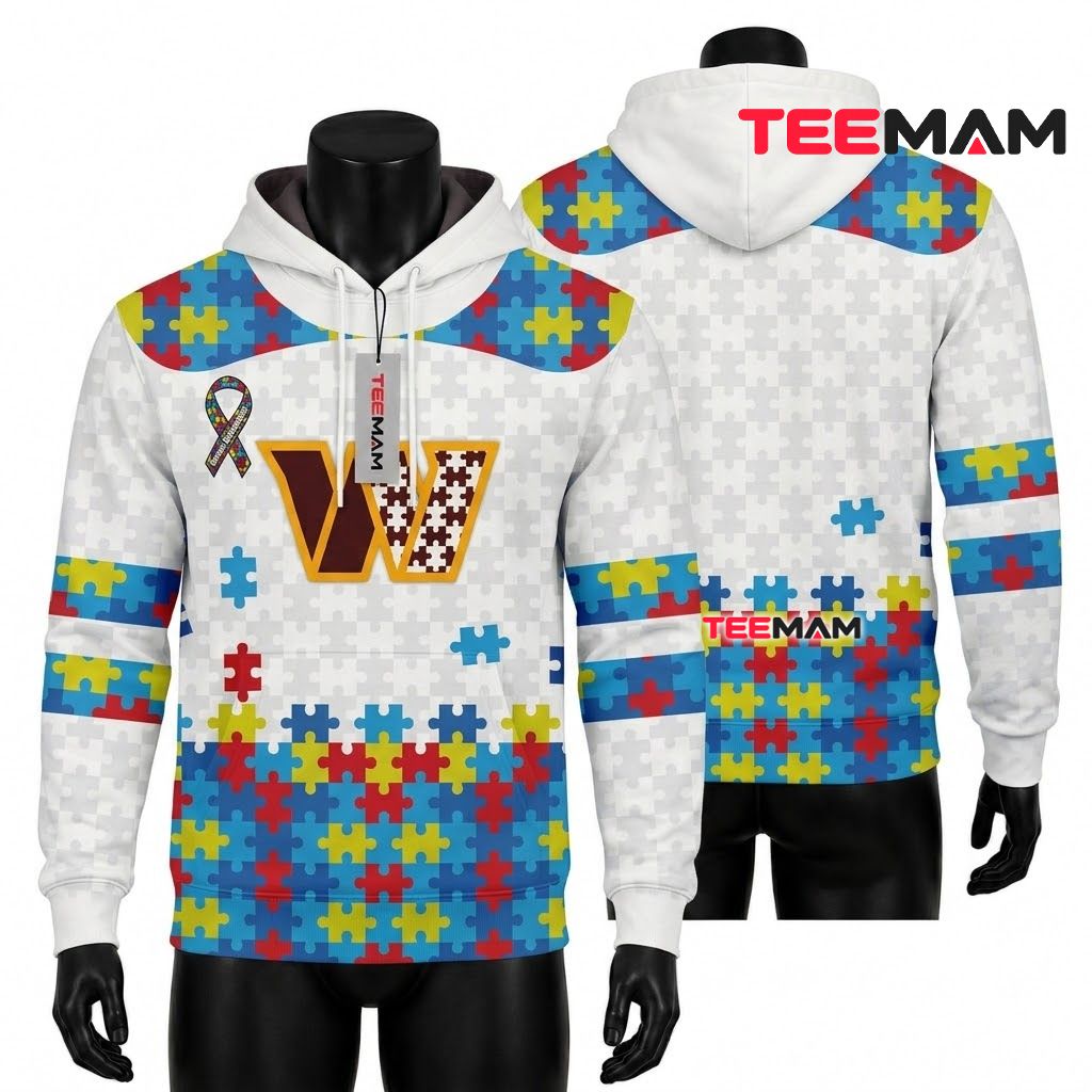 Washington Commanders 3D Hoodie Autism Awareness Puzzle Front