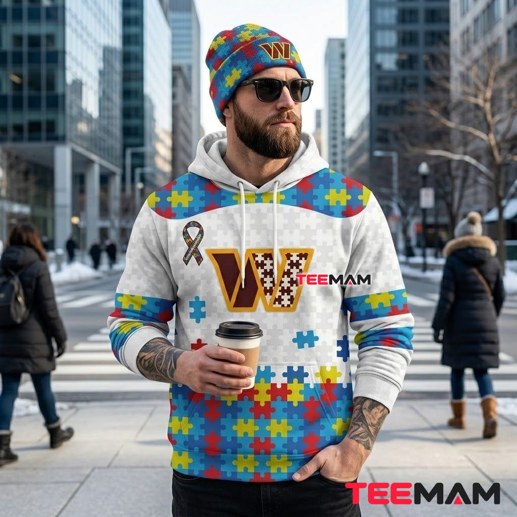 Washington Commanders 3D Hoodie Autism Awareness Puzzle Back Washington Commanders 3D Hoodie Autism Awareness Puzzle Back