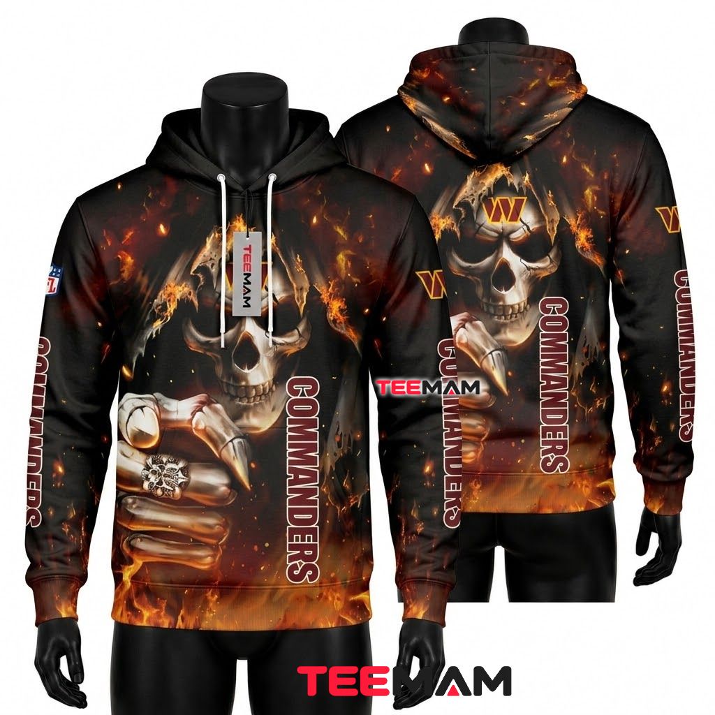 Washington Commanders 3D Hoodie Flaming Skull Fist Bump Front