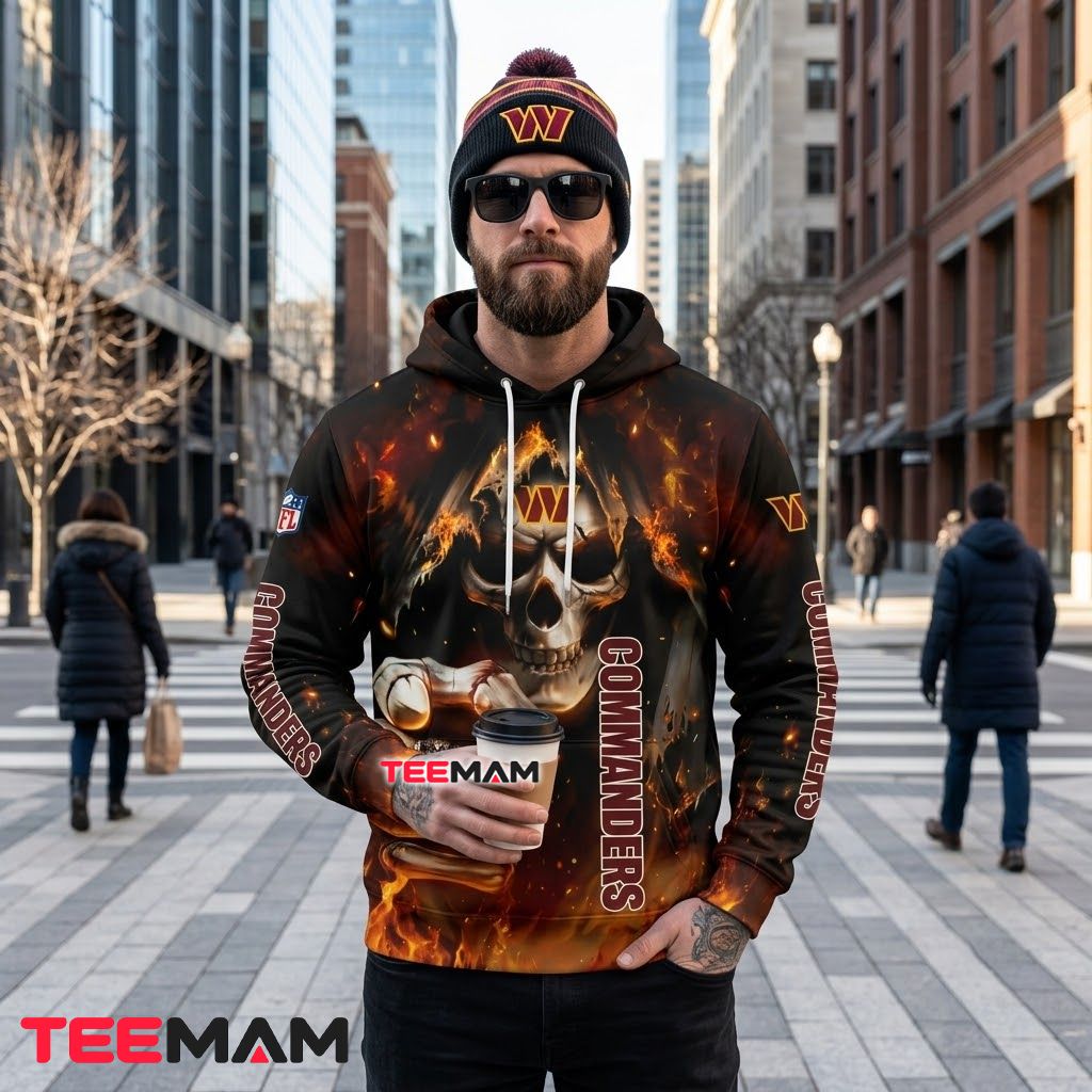 Washington Commanders 3D Hoodie Flaming Skull Fist Bump Back Washington Commanders 3D Hoodie Flaming Skull Fist Bump Back