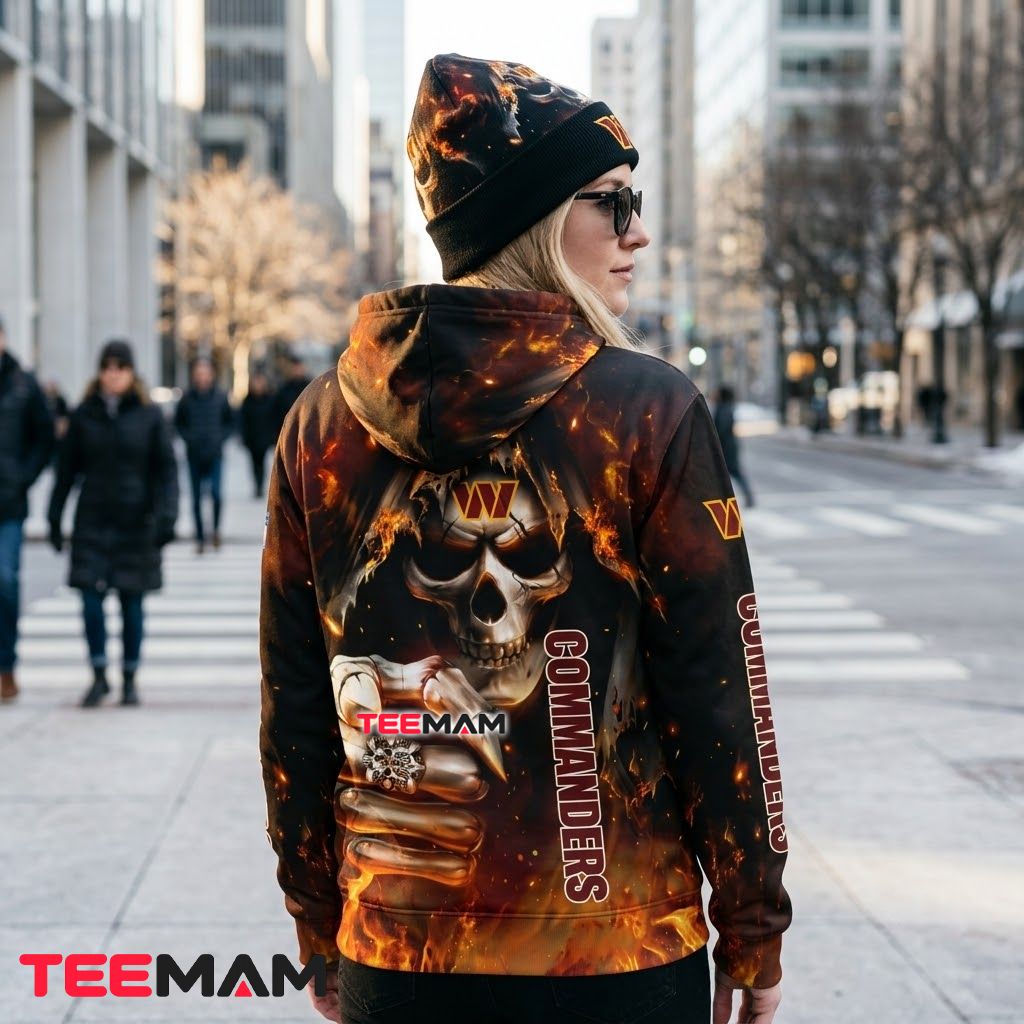 Washington Commanders 3D Hoodie Flaming Skull Fist Bump Version 3 Washington Commanders 3D Hoodie Flaming Skull Fist Bump Version 3