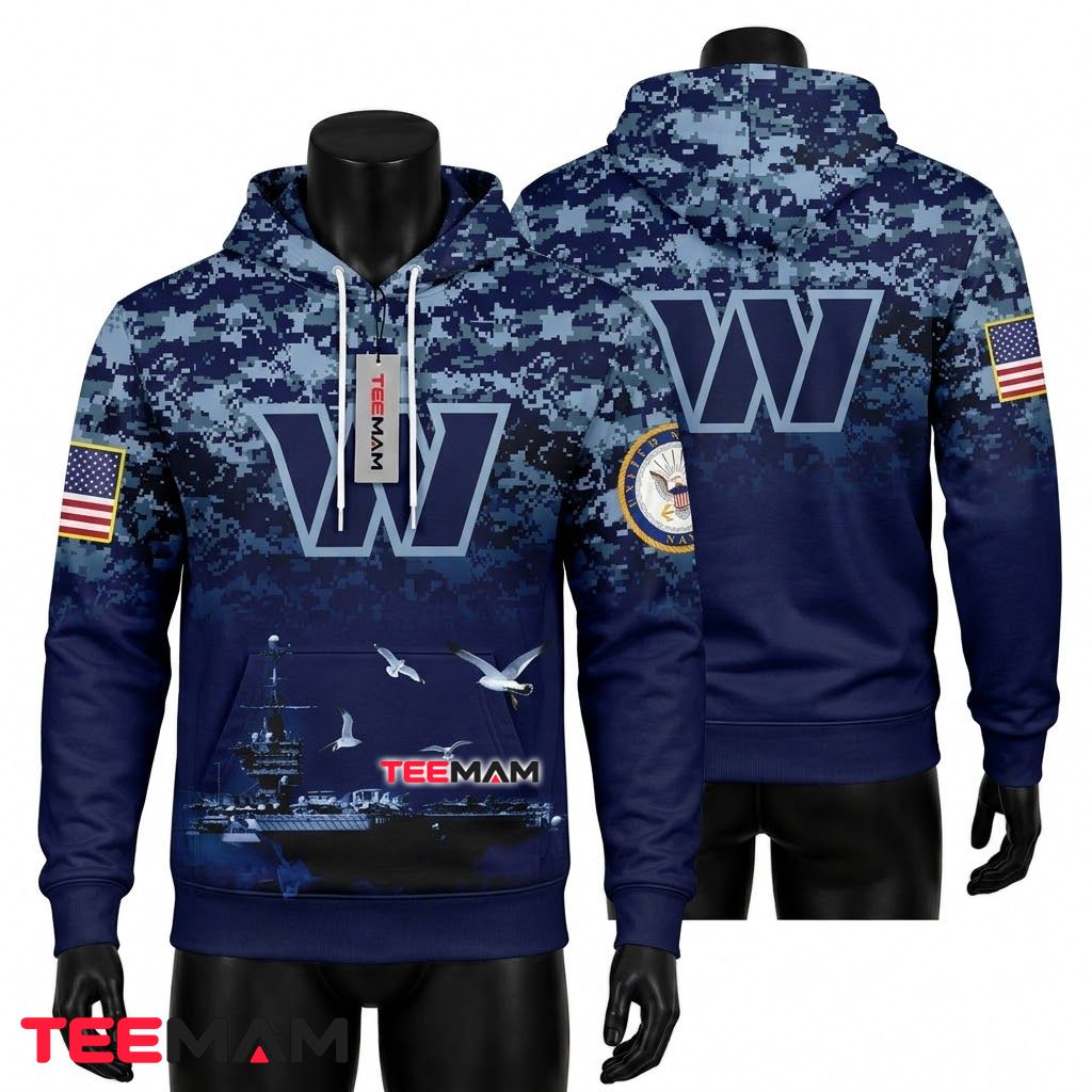 Washington Commanders 3D Hoodie Navy Camouflage Veteran Front