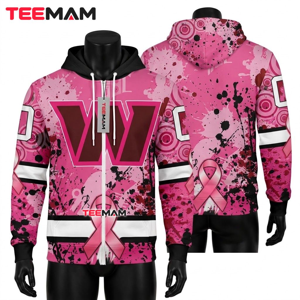 Washington Commanders 3D Hoodie Pink Ribbon Splatter Front