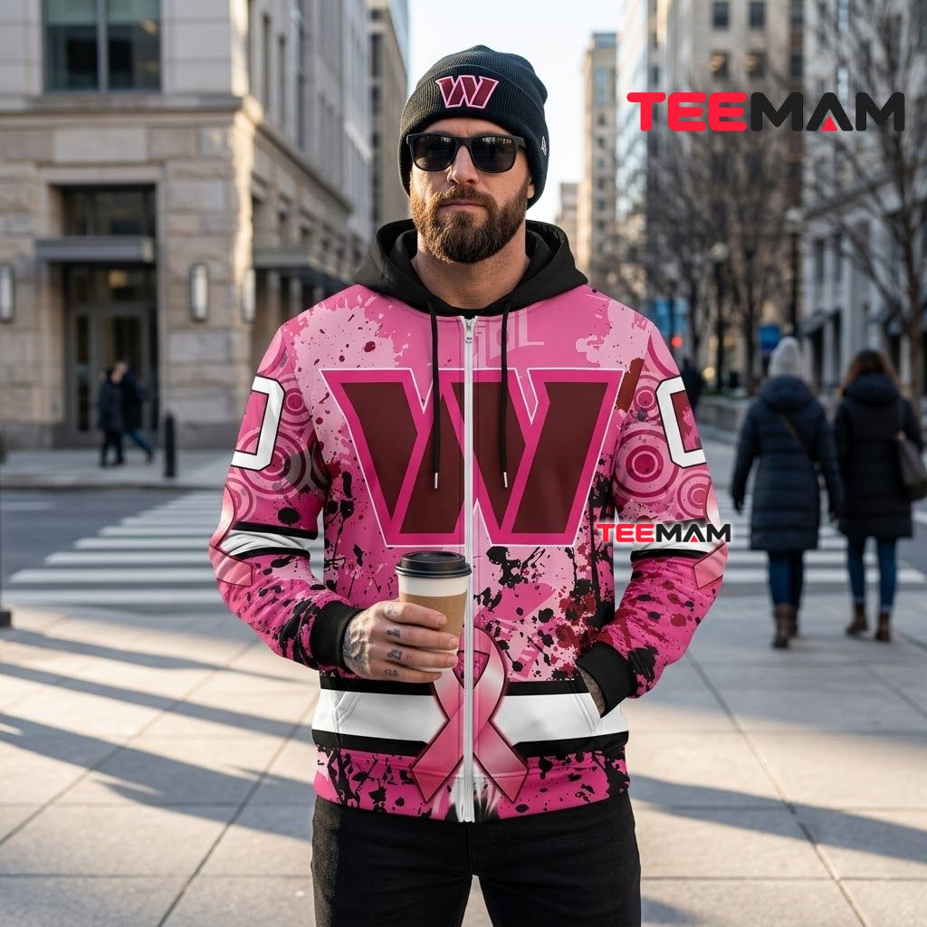 Washington Commanders 3D Hoodie Pink Ribbon Splatter Back Washington Commanders 3D Hoodie Pink Ribbon Splatter Back