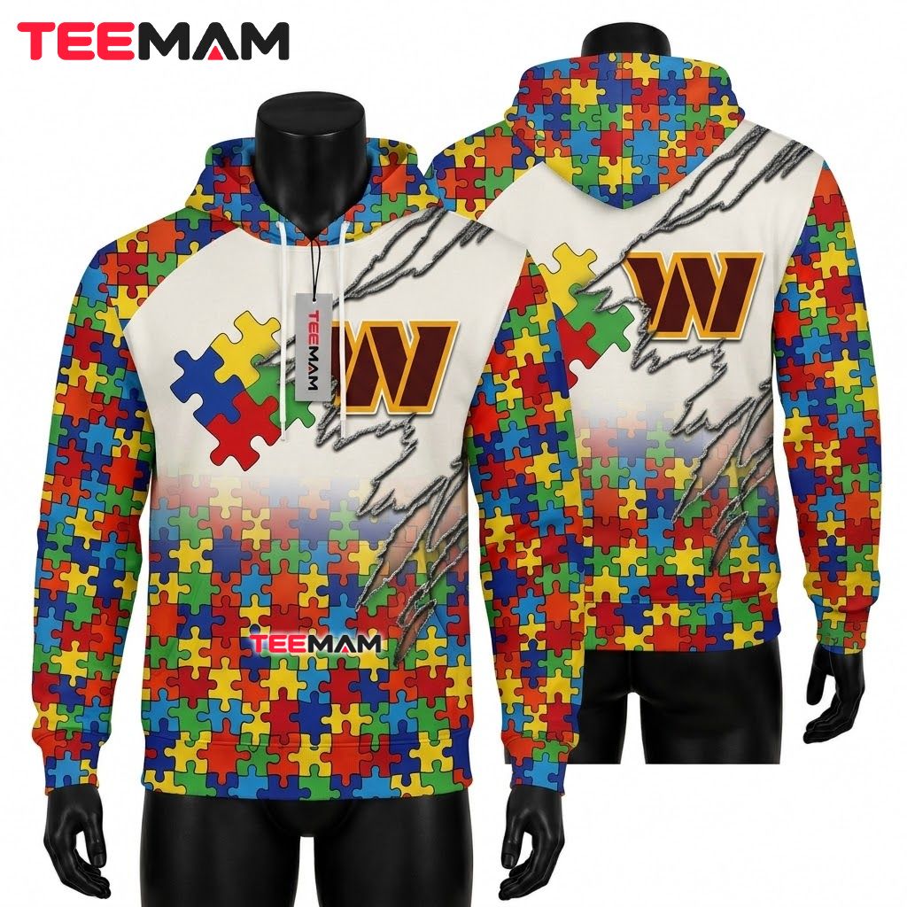 Washington Commanders 3D Hoodie Rainbow Puzzle Claw Mark Front
