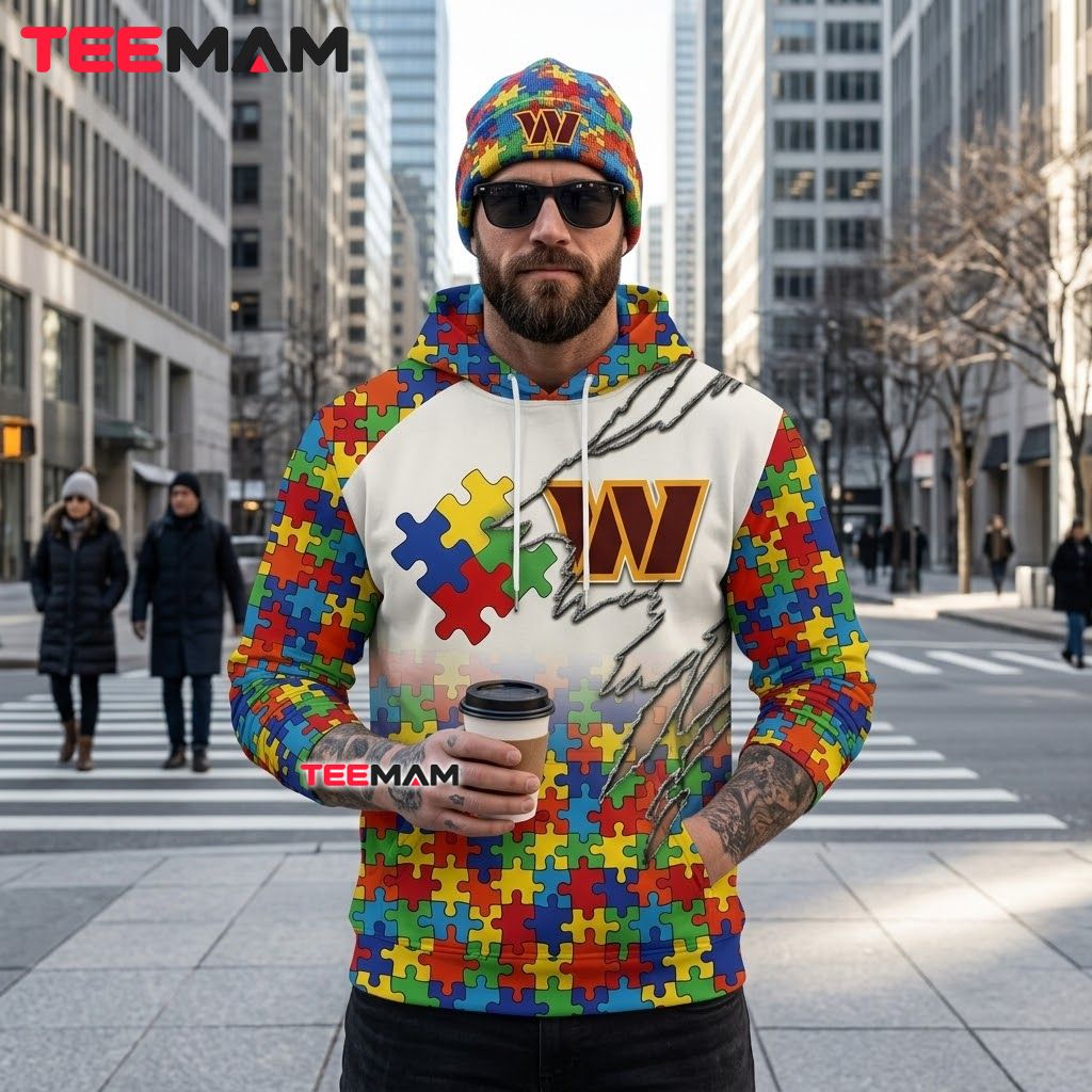 Washington Commanders 3D Hoodie Rainbow Puzzle Claw Mark Back Washington Commanders 3D Hoodie Rainbow Puzzle Claw Mark Back