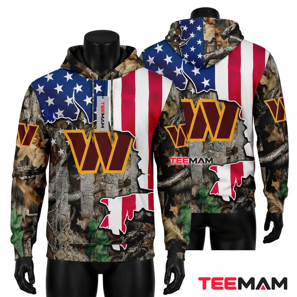 Washington Commanders 3D Hoodie Realtree Camo Flag Torn Front