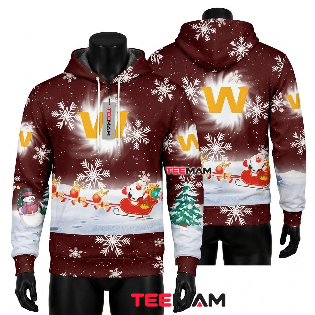 Washington Commanders 3D Hoodie Santa Sleigh Snowman Christmas Front