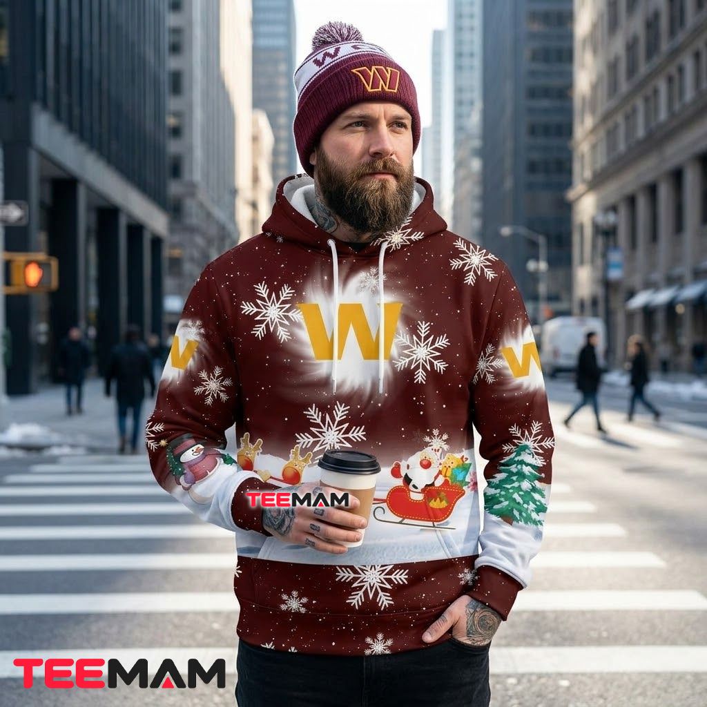 Washington Commanders 3D Hoodie Santa Sleigh Snowman Christmas Back Washington Commanders 3D Hoodie Santa Sleigh Snowman Christmas Back
