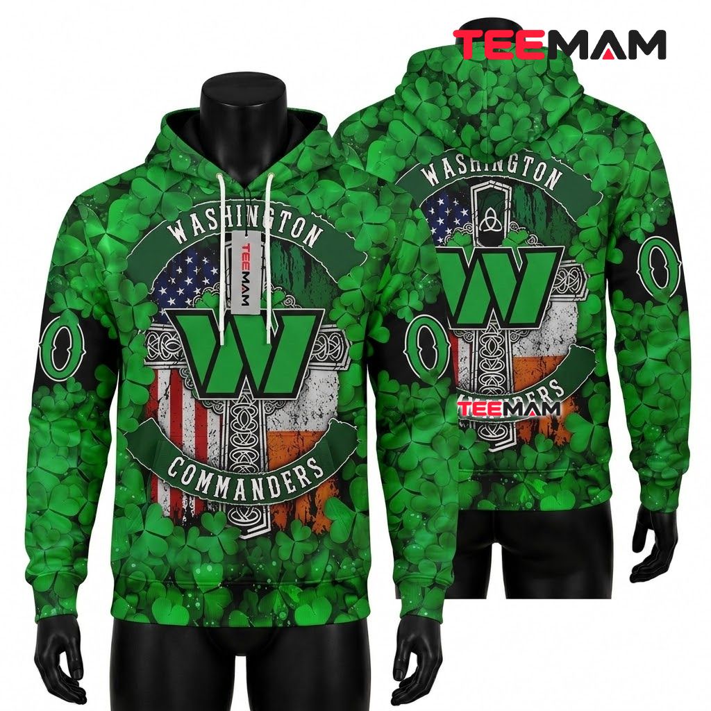 Washington Commanders 3D Hoodie Shamrock Celtic Cross Patrick Front