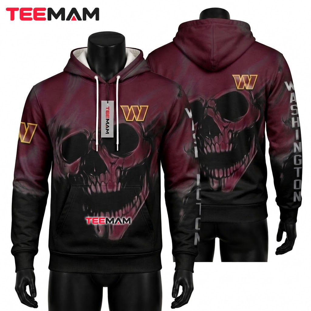Washington Commanders 3D Hoodie Smoky Skull Grin Face Front
