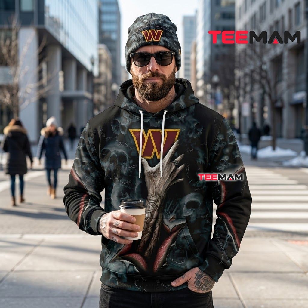Washington Commanders 3D Hoodie Tattooed Hand Skull Halloween Back Washington Commanders 3D Hoodie Tattooed Hand Skull Halloween Back