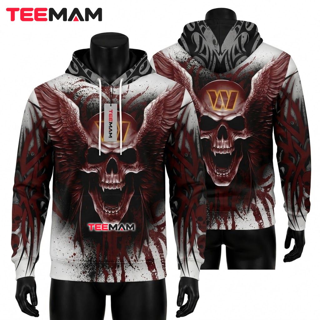 Washington Commanders 3D Hoodie Winged Skull Tribal Blood Front