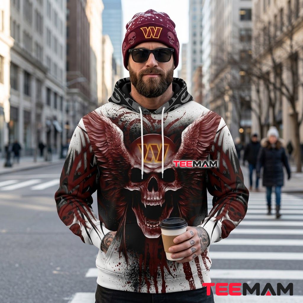 Washington Commanders 3D Hoodie Winged Skull Tribal Blood Back Washington Commanders 3D Hoodie Winged Skull Tribal Blood Back