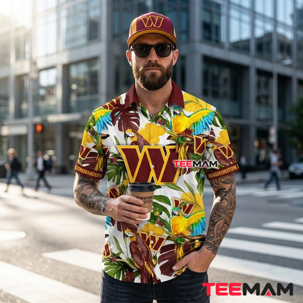 Washington Commanders Aloha Shirt Macaw Parrot Back Washington Commanders Aloha Shirt Macaw Parrot Back