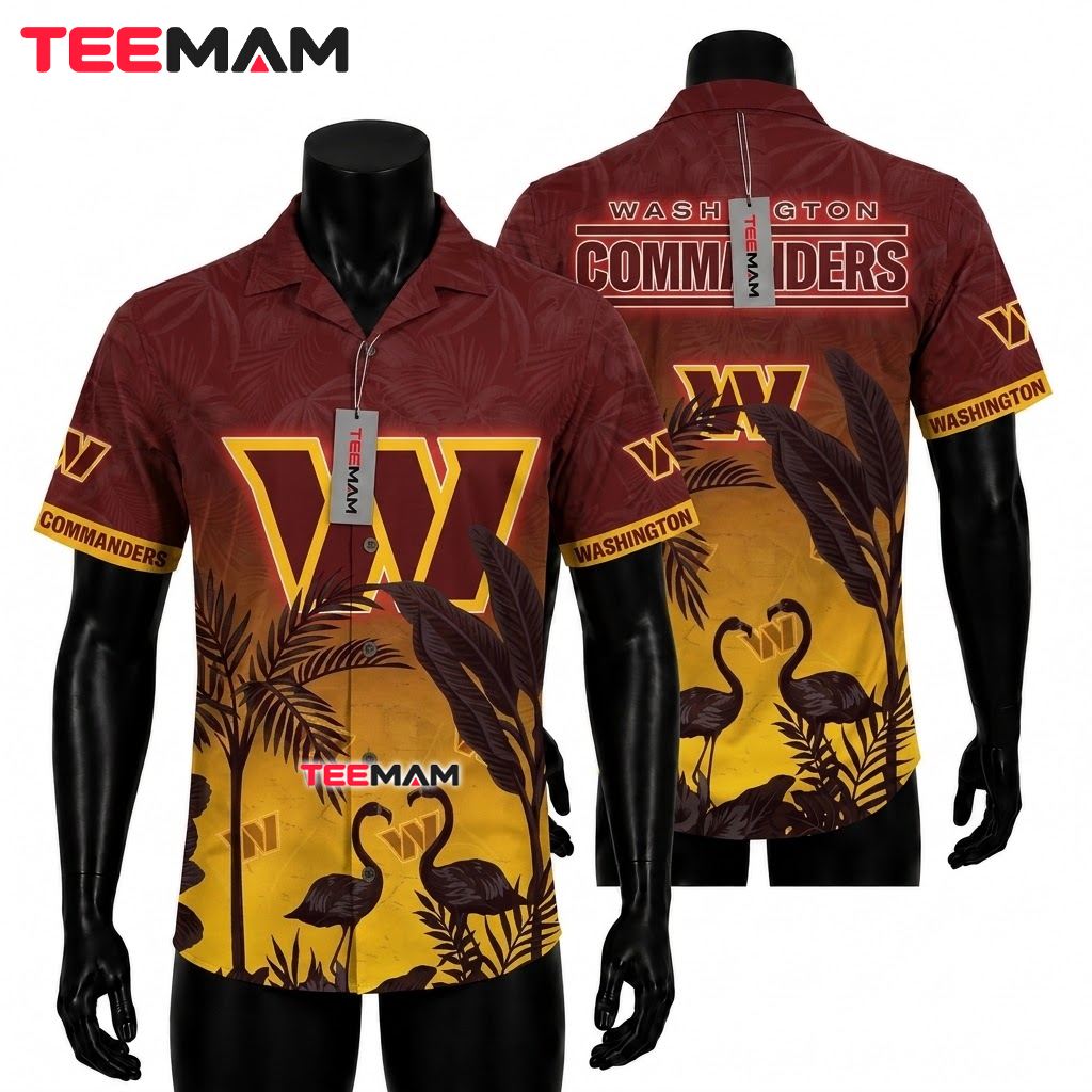 Washington Commanders Hawaiian Shirt Flamingo Sunset Front