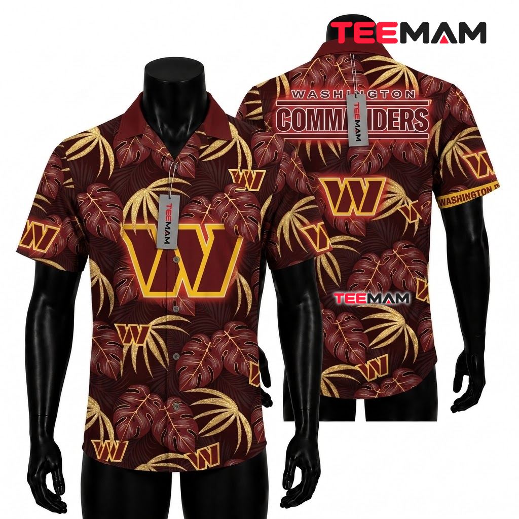 Washington Commanders Hawaiian Shirt Gold Monstera Front