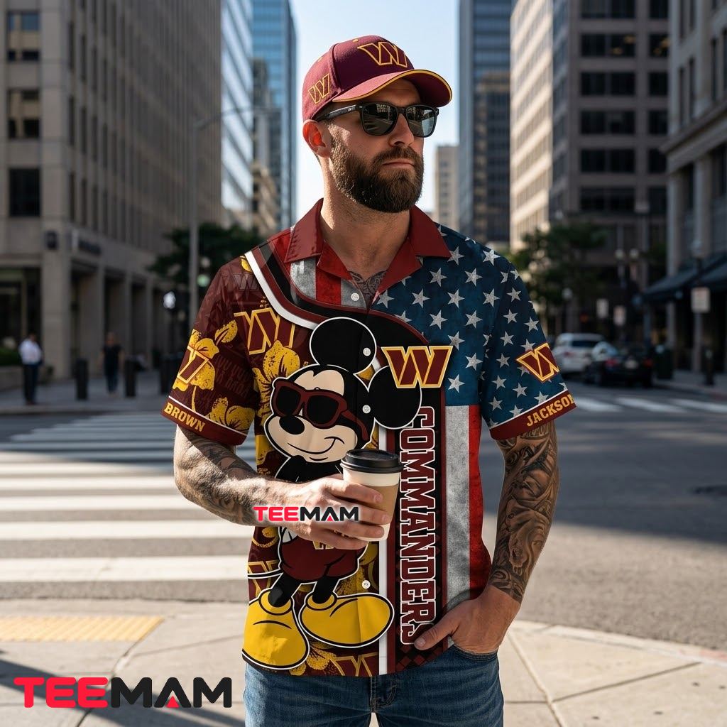 Washington Commanders Hawaiian Shirt Personalized Mickey Mouse Patriotic Back Washington Commanders Hawaiian Shirt Personalized Mickey Mouse Patriotic Back