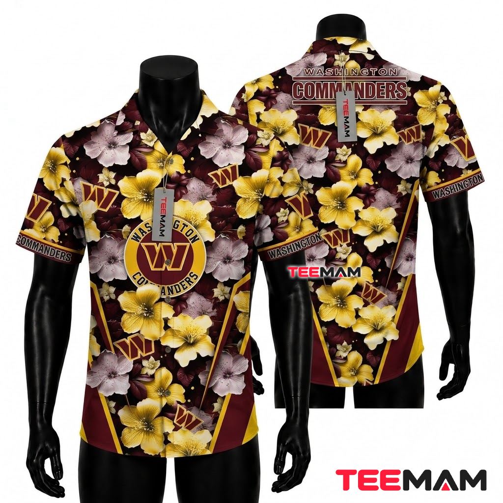 Washington Commanders Hawaiian Shirt Yellow Pink Hibiscus Front