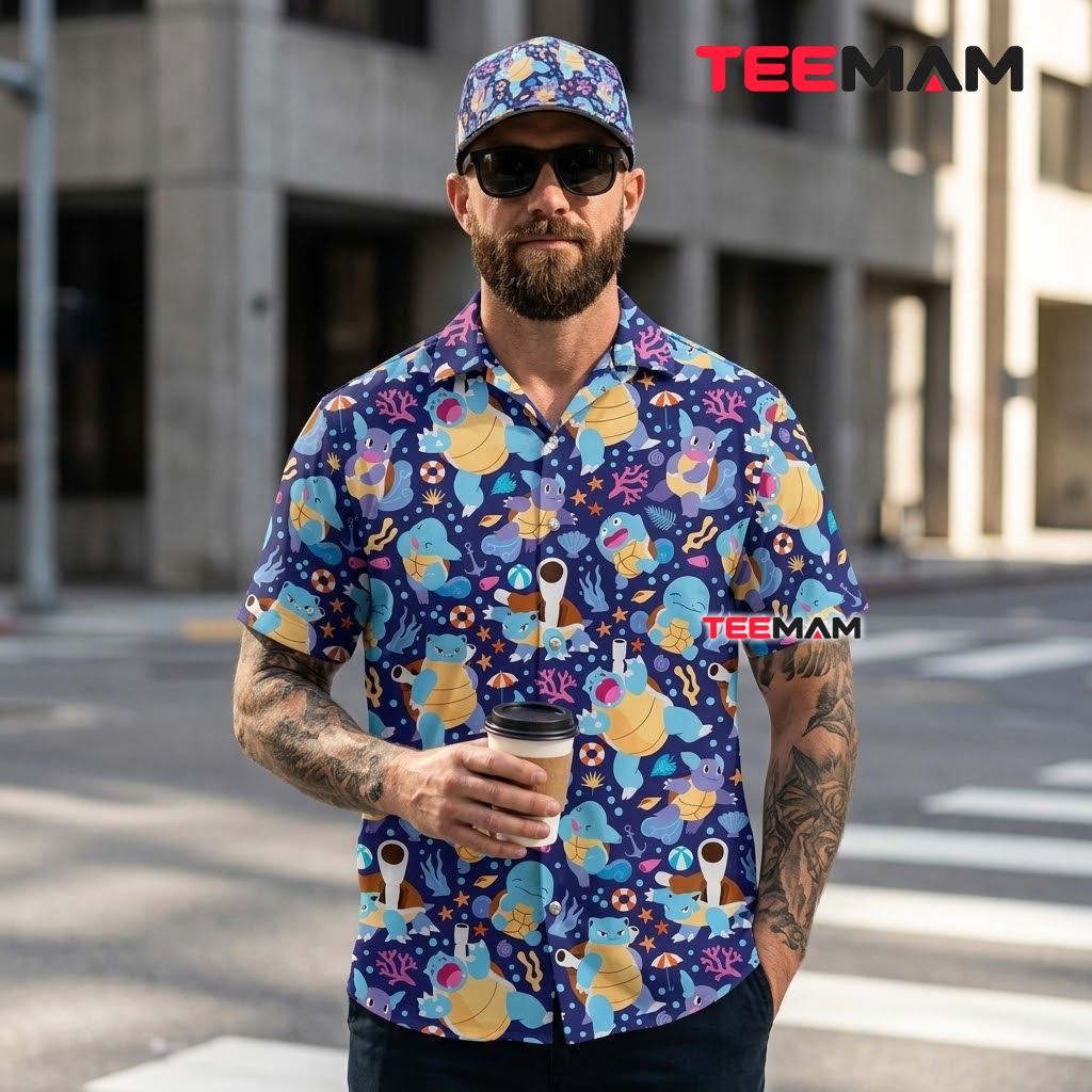 Water Pokemon Hawaiian Shirt Squirtle Coral Navy Back Water Pokemon Hawaiian Shirt Squirtle Coral Navy Back