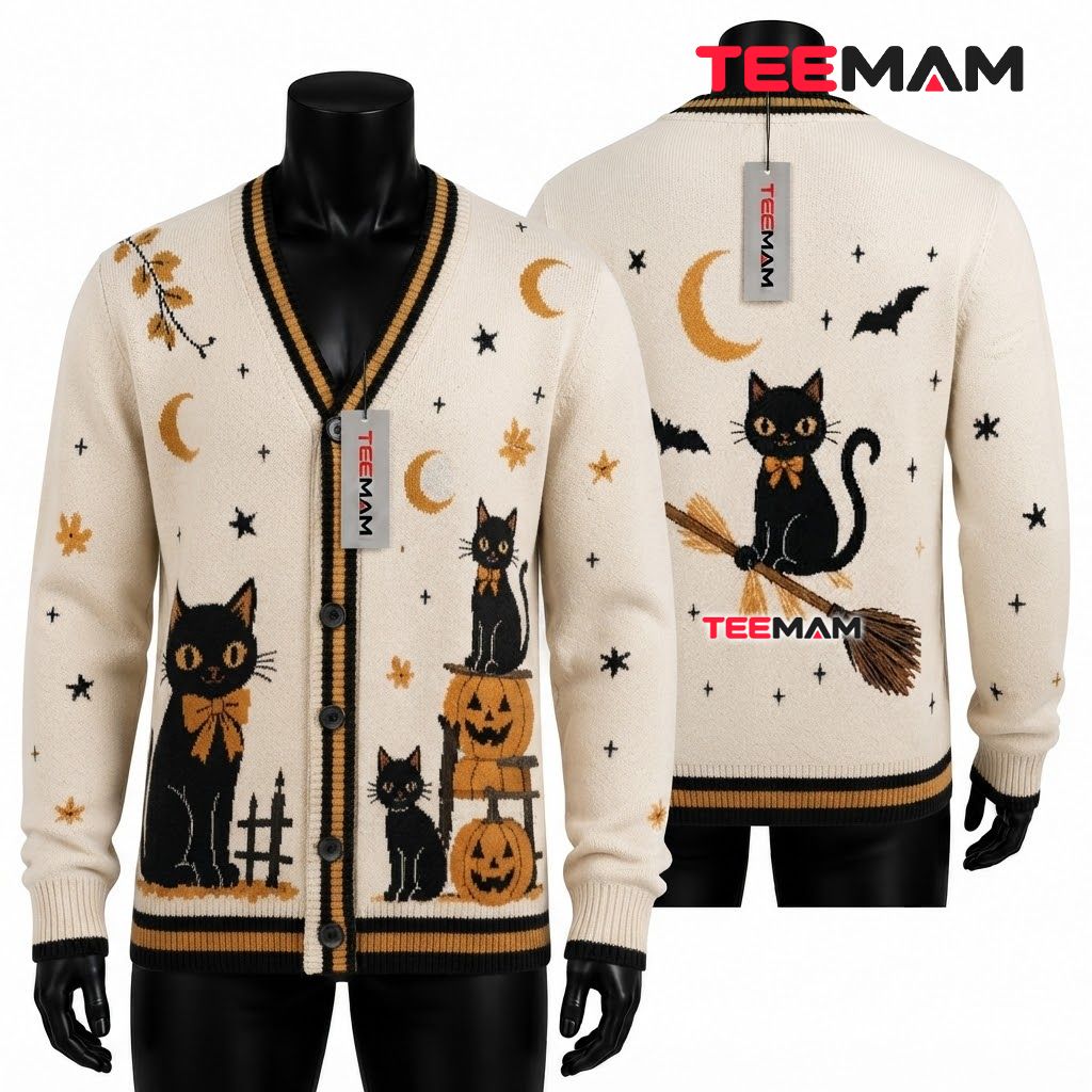 Witch Halloween Cardigan Black Cat Broom Sweater 1